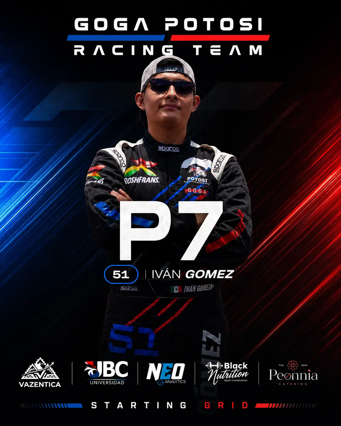 Pieza de GOGA Potosí Racing Team para Iván Gómez, posición P7 y auto 51